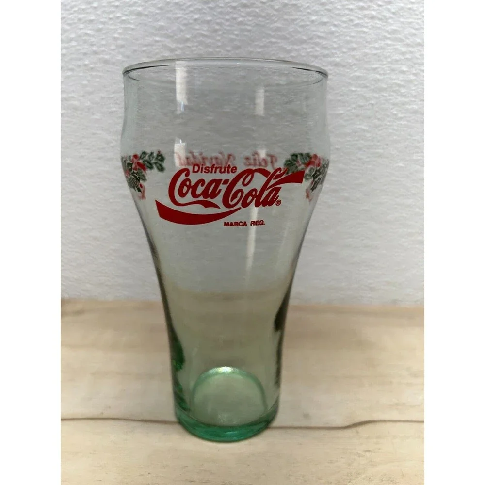 Vintage Coca Cola Clear Green Soda Glass Feliz Navidad Christmas Holiday Bells